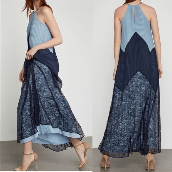 BCBGMAXAZRIA Boho Sleeveless Pleated Halter Maxi Dress Navy Blue XXS - Picture 3 of 9